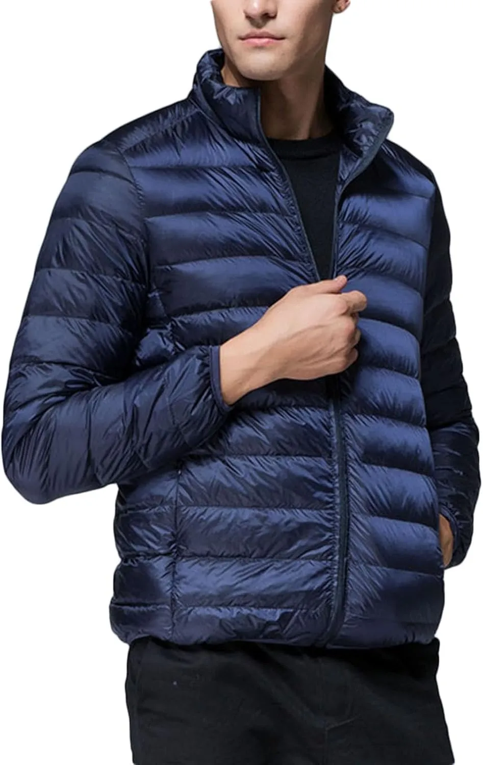 Mens Puffer Jacket Lightweight Packable Down Coat Stand Collar Quilted Jacket Casual Zip up Jacket Warm Winter Outwear