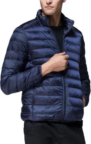 Mens Puffer Jacket Lightweight Packable Down Coat Stand Collar Quilted Jacket Casual Zip up Jacket Warm Winter Outwear