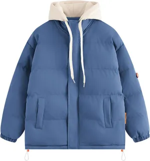 Mens Puffer Jacket with Hoodie Plus Size Down Coat Zip up Padded Coat Hooded Quilted Jacket Warm Winter Jackets