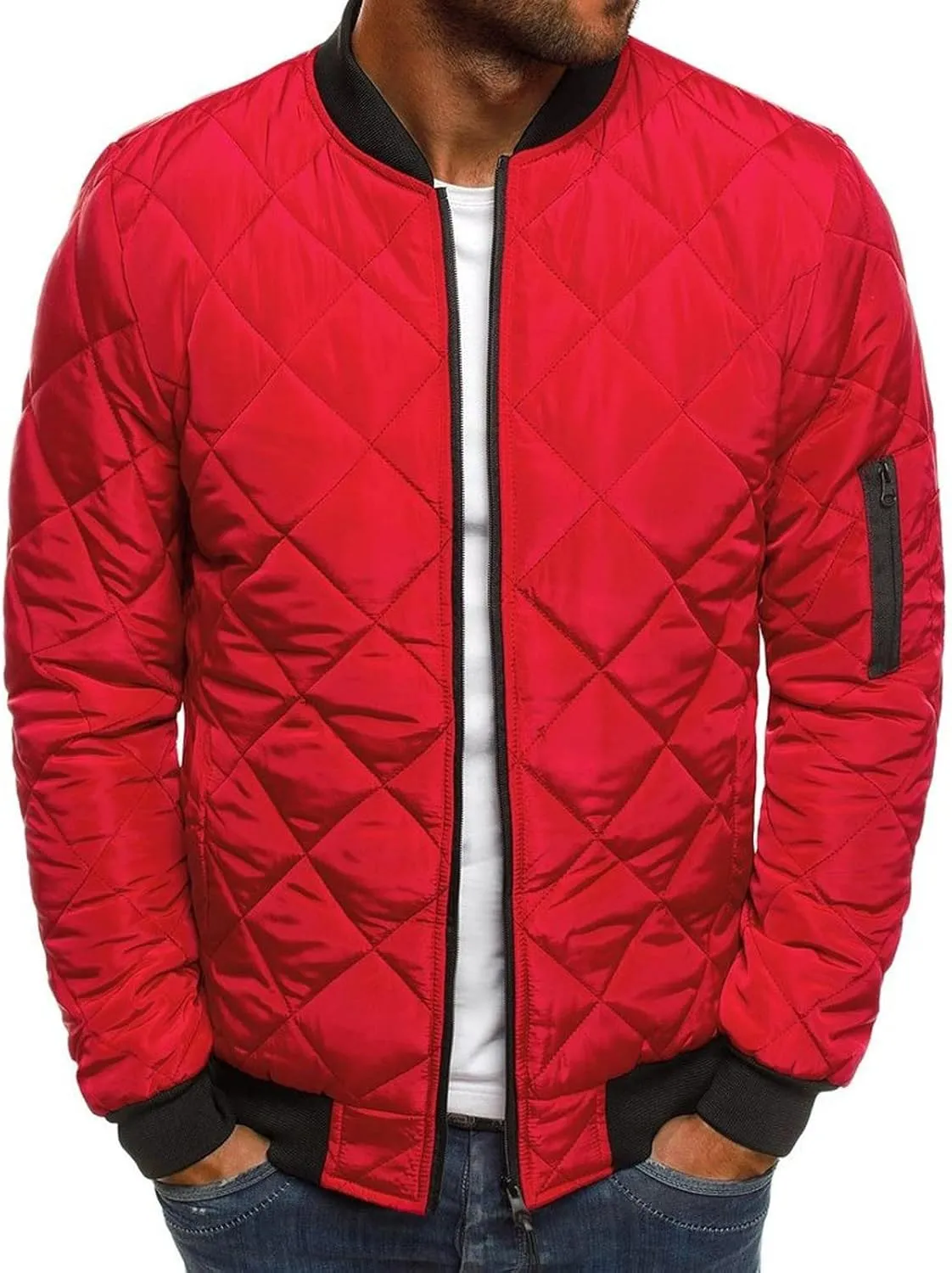 Men's Puffer Jacket Zip up Quilted Jacket Lightweight Packable Down Coat Casual Winter Jacket with Zipper Sleeve Pocket