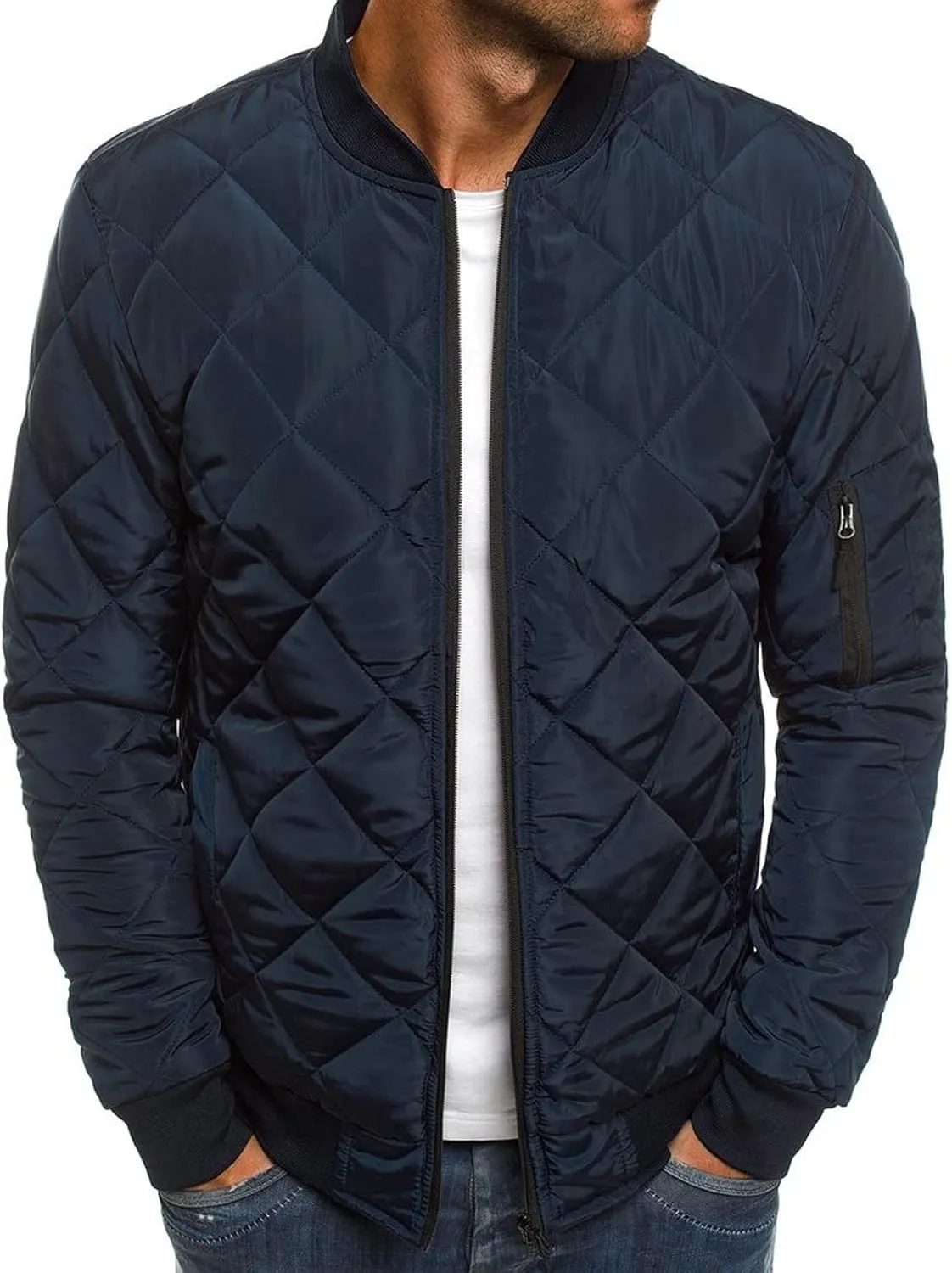Men's Puffer Jacket Zip up Quilted Jacket Lightweight Packable Down Coat Casual Winter Jacket with Zipper Sleeve Pocket