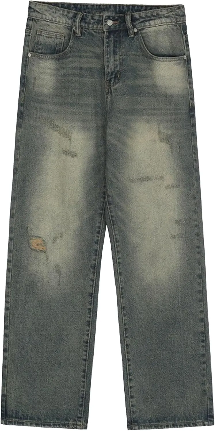 Men's Relaxed Fit Distressed Streetwear Jeans Ripped Casual Hip Hop Denim Pants Regular Washed Straight Leg Jeans