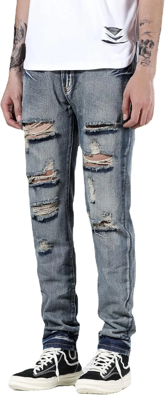 Men's Ripped Distressed Destroyed Straight Fit Washed Denim Jeans Pants