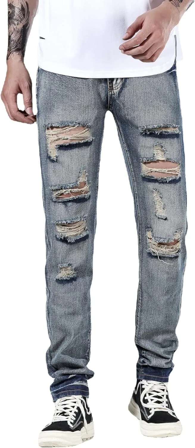 Men's Ripped Distressed Destroyed Straight Fit Washed Denim Jeans Pants