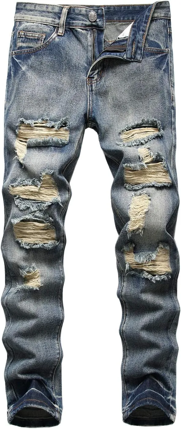 Men's Ripped Distressed Destroyed Straight Fit Washed Denim Jeans Pants