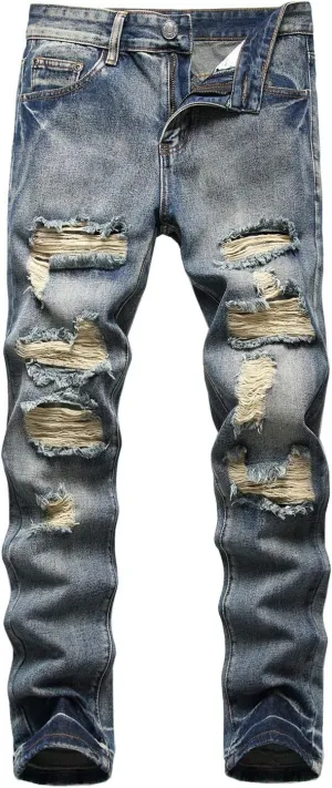 Men's Ripped Distressed Destroyed Straight Fit Washed Denim Jeans Pants