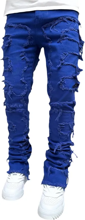 Men's Stacked Jeans Skinny Ripped Frayed Washed Jeans Destroyed Straight Denim Pants Hip Hop Trousers Streetwear
