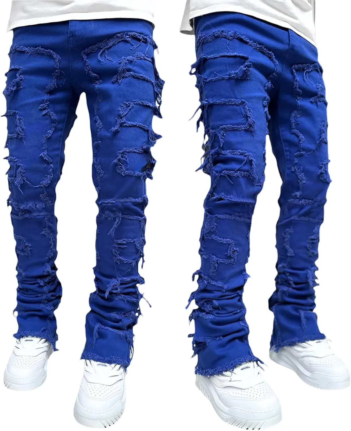 Men's Stacked Jeans Skinny Ripped Frayed Washed Jeans Destroyed Straight Denim Pants Hip Hop Trousers Streetwear