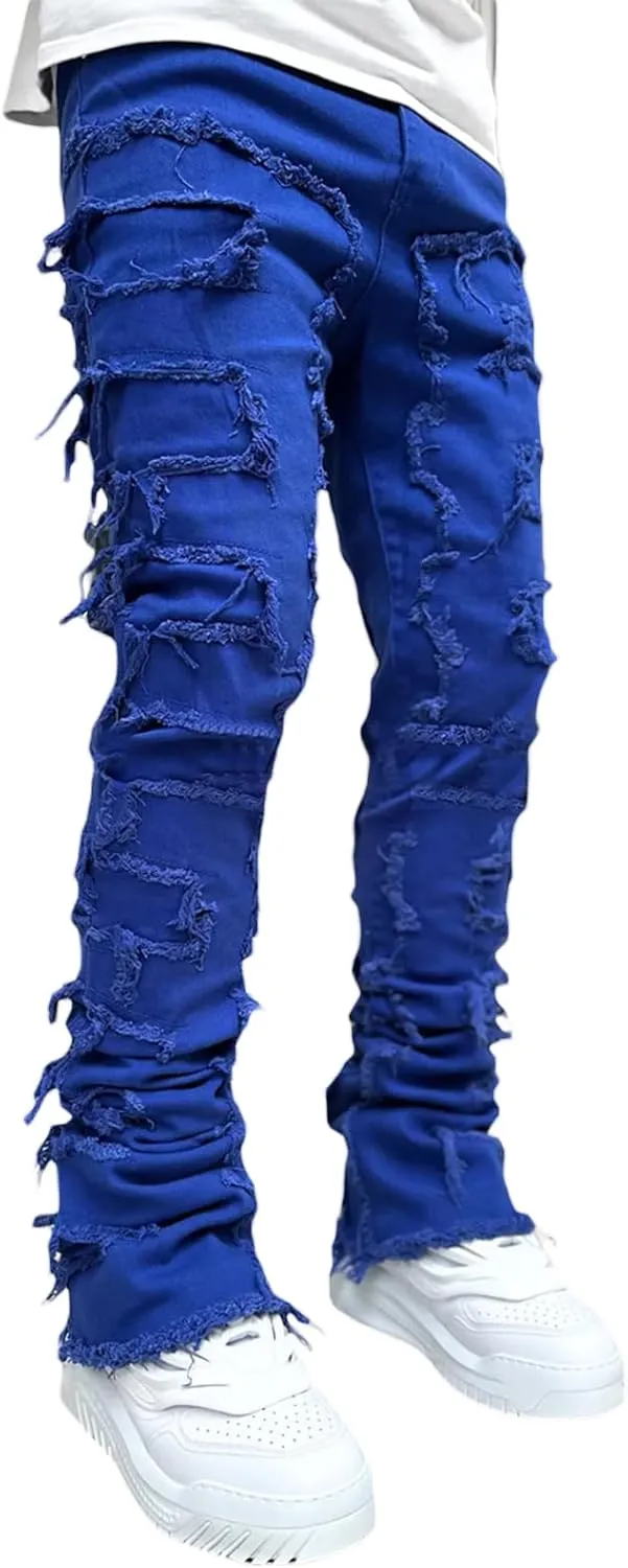 Men's Stacked Jeans Skinny Ripped Frayed Washed Jeans Destroyed Straight Denim Pants Hip Hop Trousers Streetwear