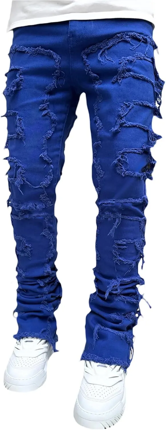 Men's Stacked Jeans Skinny Ripped Frayed Washed Jeans Destroyed Straight Denim Pants Hip Hop Trousers Streetwear