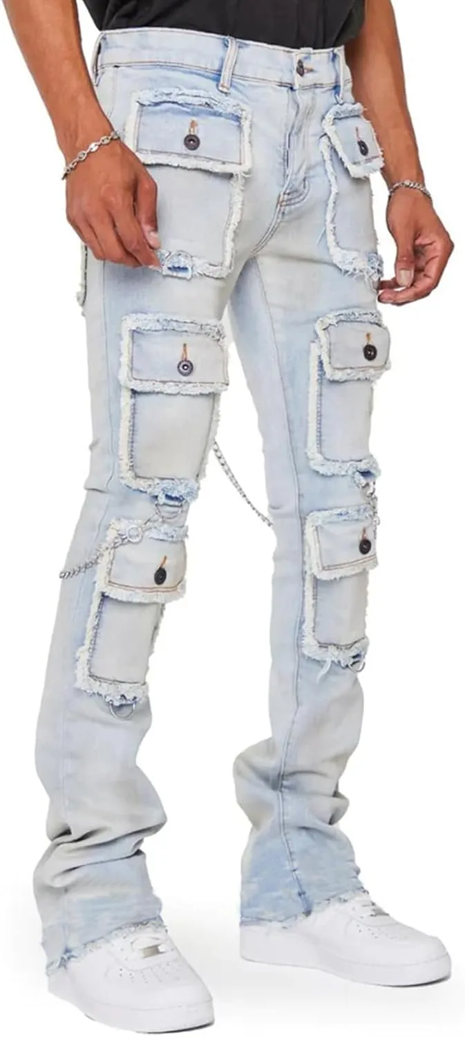 Men's Stacked Stretch Jeans Ripped Skinny Jeans Multi-Pocket Cargo Denim Fashion Distressed Straight Comfort Pants