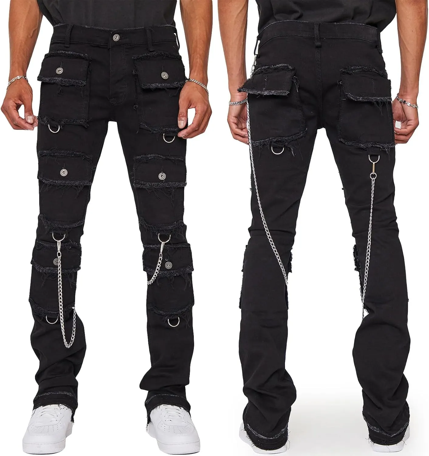 Men's Stacked Stretch Jeans Ripped Skinny Jeans Multi-Pocket Cargo Denim Fashion Distressed Straight Comfort Pants
