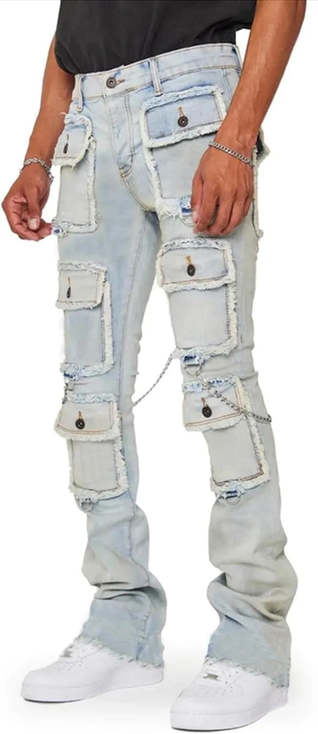 Men's Stacked Stretch Jeans Ripped Skinny Jeans Multi-Pocket Cargo Denim Fashion Distressed Straight Comfort Pants