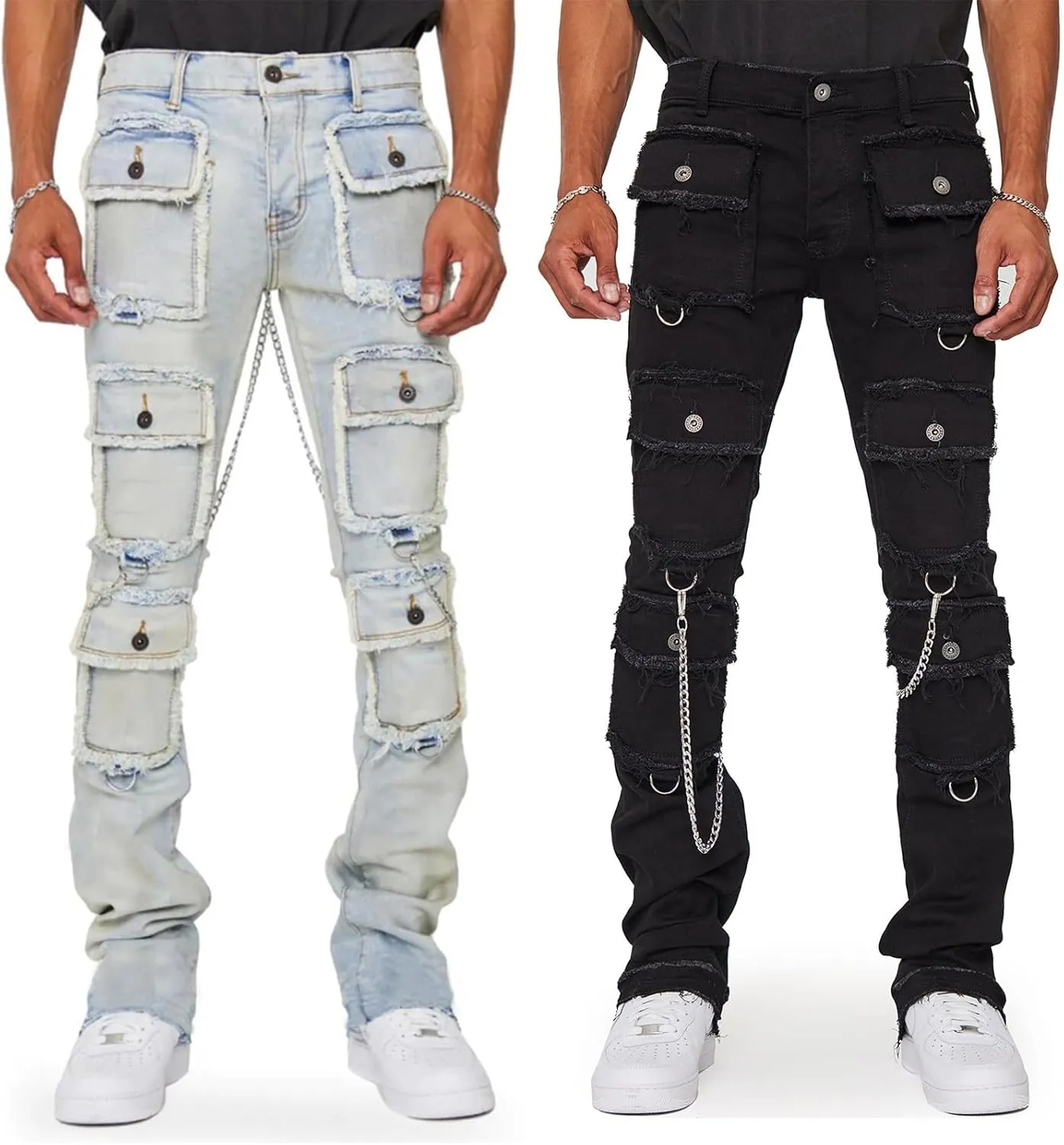Men's Stacked Stretch Jeans Ripped Skinny Jeans Multi-Pocket Cargo Denim Fashion Distressed Straight Comfort Pants
