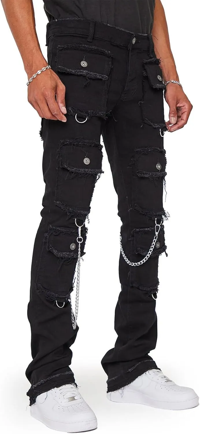 Men's Stacked Stretch Jeans Ripped Skinny Jeans Multi-Pocket Cargo Denim Fashion Distressed Straight Comfort Pants