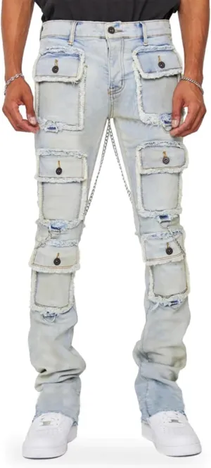 Men's Stacked Stretch Jeans Ripped Skinny Jeans Multi-Pocket Cargo Denim Fashion Distressed Straight Comfort Pants