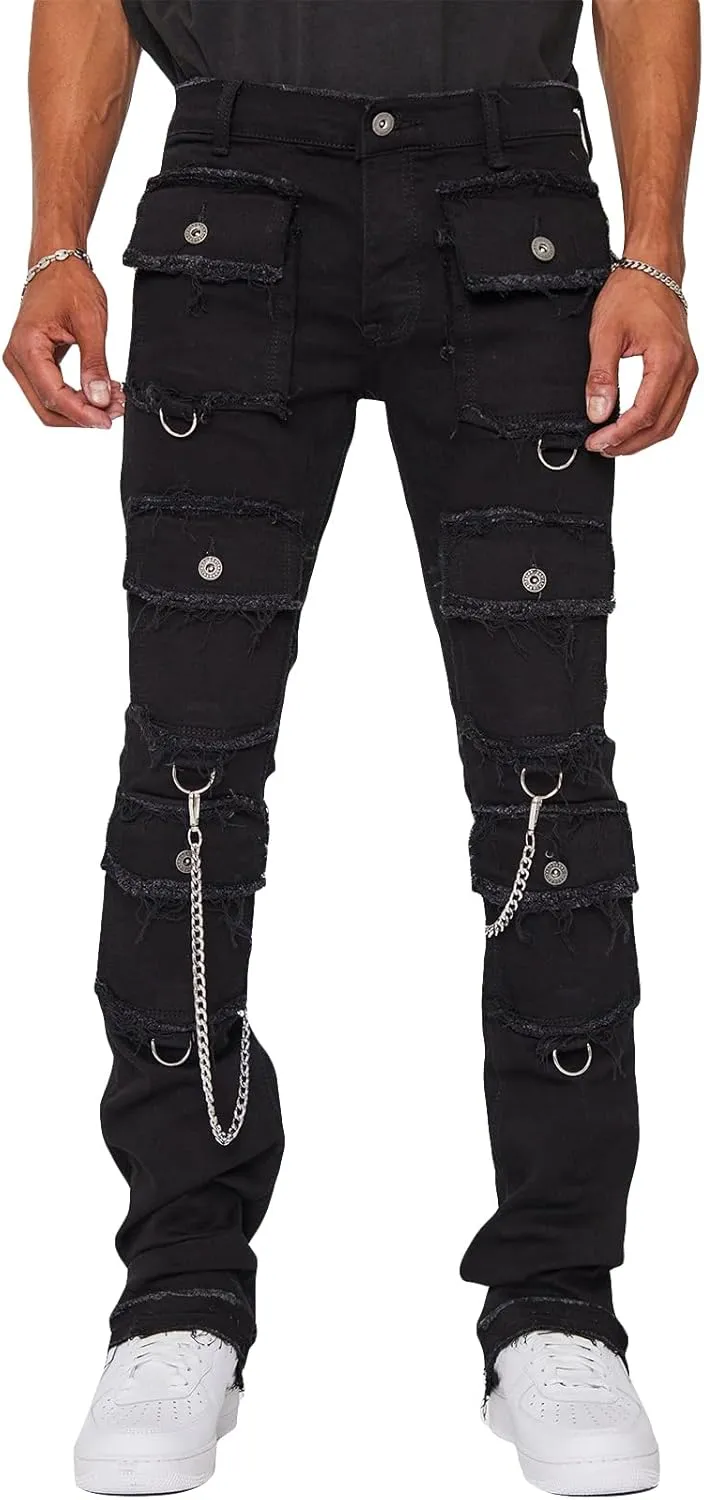 Men's Stacked Stretch Jeans Ripped Skinny Jeans Multi-Pocket Cargo Denim Fashion Distressed Straight Comfort Pants