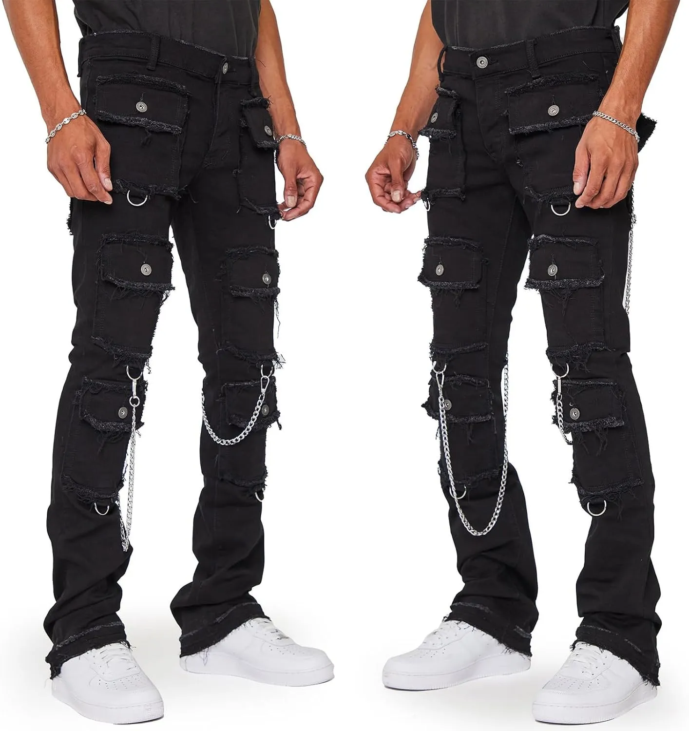 Men's Stacked Stretch Jeans Ripped Skinny Jeans Multi-Pocket Cargo Denim Fashion Distressed Straight Comfort Pants
