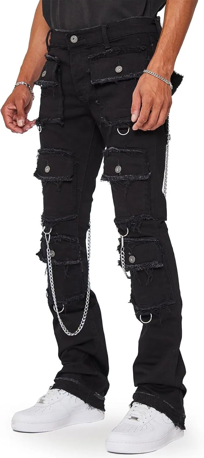 Men's Stacked Stretch Jeans Ripped Skinny Jeans Multi-Pocket Cargo Denim Fashion Distressed Straight Comfort Pants