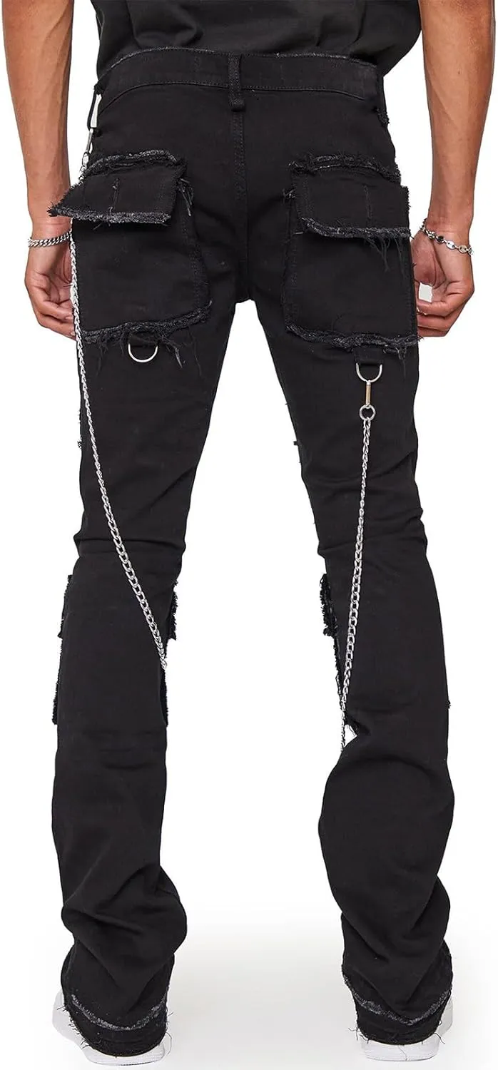 Men's Stacked Stretch Jeans Ripped Skinny Jeans Multi-Pocket Cargo Denim Fashion Distressed Straight Comfort Pants