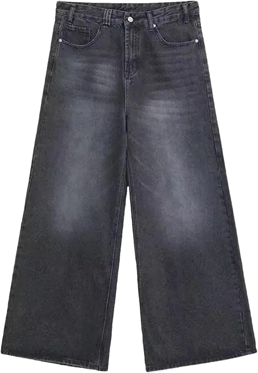 Men's Straight Casual Wear Loose Wide Leg Jeans Fashion Old Blue Washed Jeans with Pockets