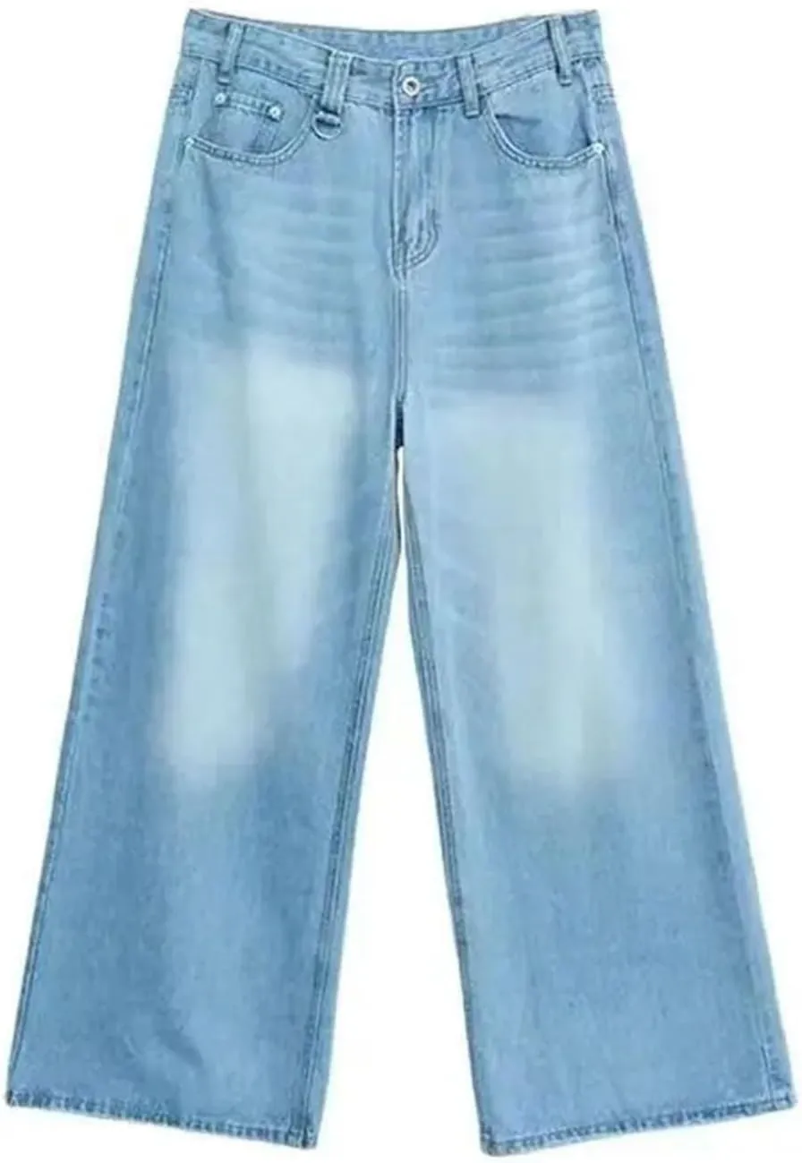 Men's Straight Casual Wear Loose Wide Leg Jeans Fashion Old Blue Washed Jeans with Pockets