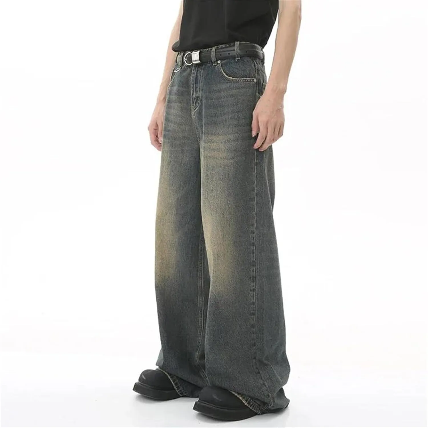 Men's Straight Casual Wear Loose Wide Leg Jeans Fashion Old Blue Washed Jeans with Pockets