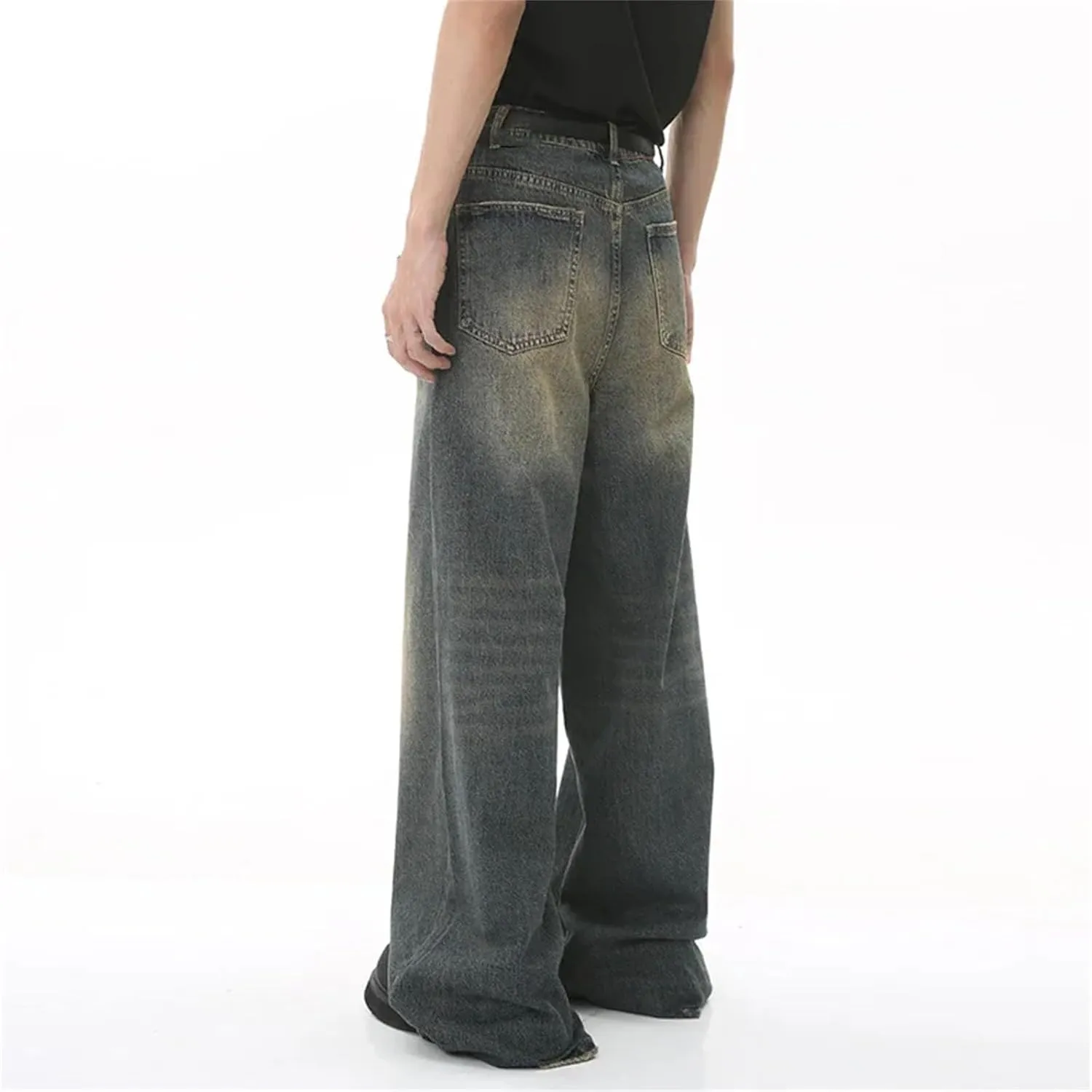 Men's Straight Casual Wear Loose Wide Leg Jeans Fashion Old Blue Washed Jeans with Pockets