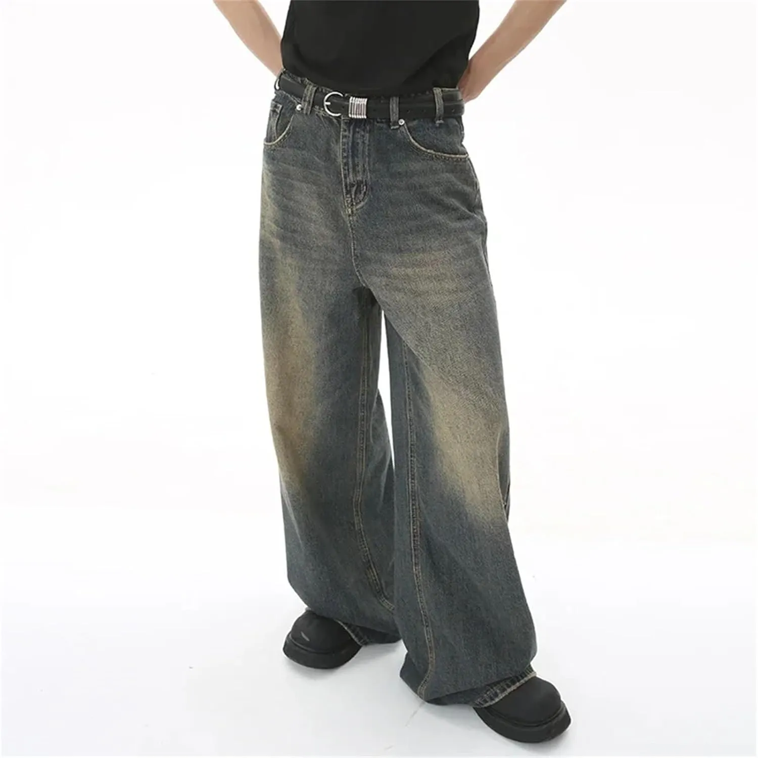 Men's Straight Casual Wear Loose Wide Leg Jeans Fashion Old Blue Washed Jeans with Pockets