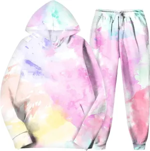Mens Tie-Dye Sweatsuit 2 Piece Autumn Tracksuit Casual Solid Jogger Sport Hoodies and Sweatpant Set Loose Outfit