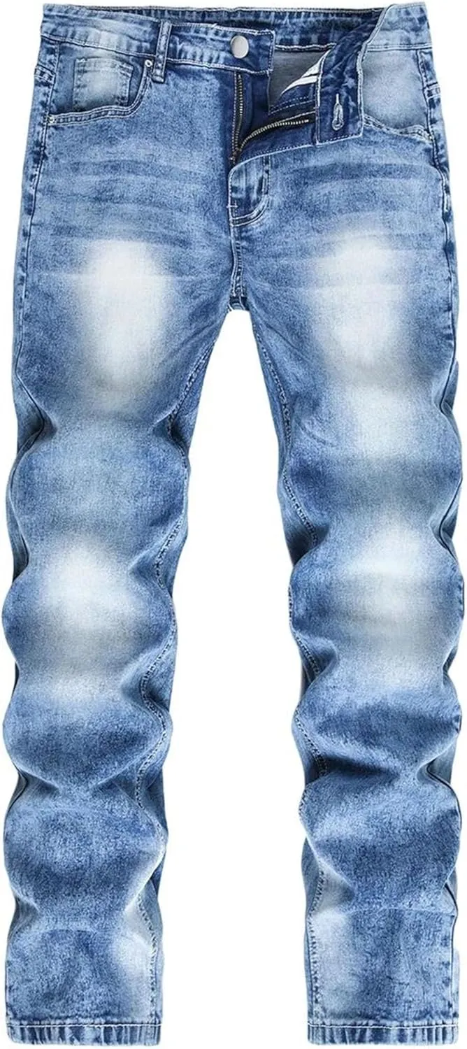 Men's Vintage Fit Washed Jeans Casual High Waist with Ripped Jeans with Pockets