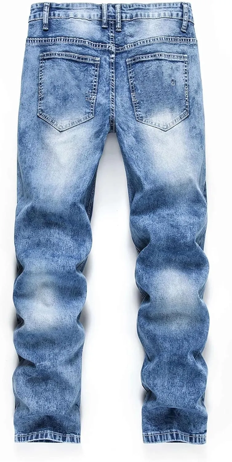 Men's Vintage Fit Washed Jeans Casual High Waist with Ripped Jeans with Pockets