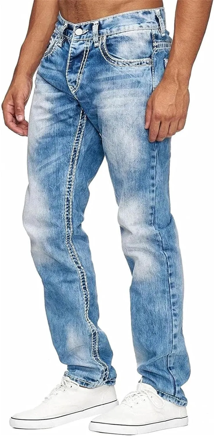 Men's Vintage Fit Washed Jeans Casual High Waist with Ripped Jeans with Pockets