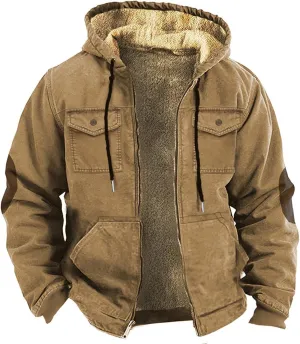Men's Winter Coat Cowboy Warm Fleece Lined Jacket Full Zip Up Thick Heavyweight Hoodie Vintage Casual Jacket