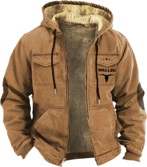 Men's Winter Coat Cowboy Warm Fleece Lined Jacket Full Zip Up Thick Heavyweight Hoodie Vintage Casual Jacket