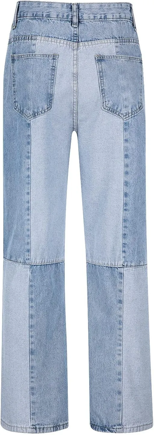 MIDOO Jeans for Men Baggy Casual Patchwork Aesthetic Jeans Straight Leg Pants Lightweight Stretch Denim Pants Trousers