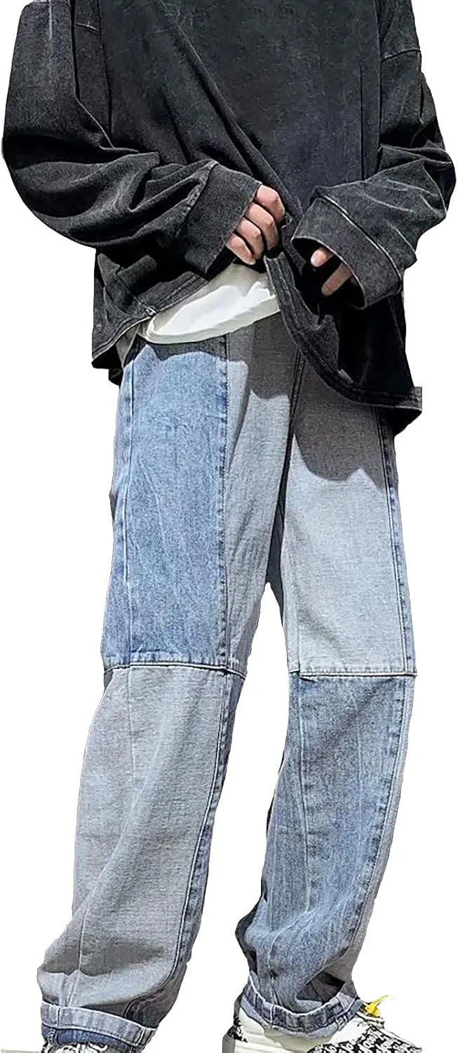 MIDOO Jeans for Men Baggy Casual Patchwork Aesthetic Jeans Straight Leg Pants Lightweight Stretch Denim Pants Trousers