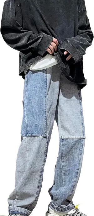 MIDOO Jeans for Men Baggy Casual Patchwork Aesthetic Jeans Straight Leg Pants Lightweight Stretch Denim Pants Trousers
