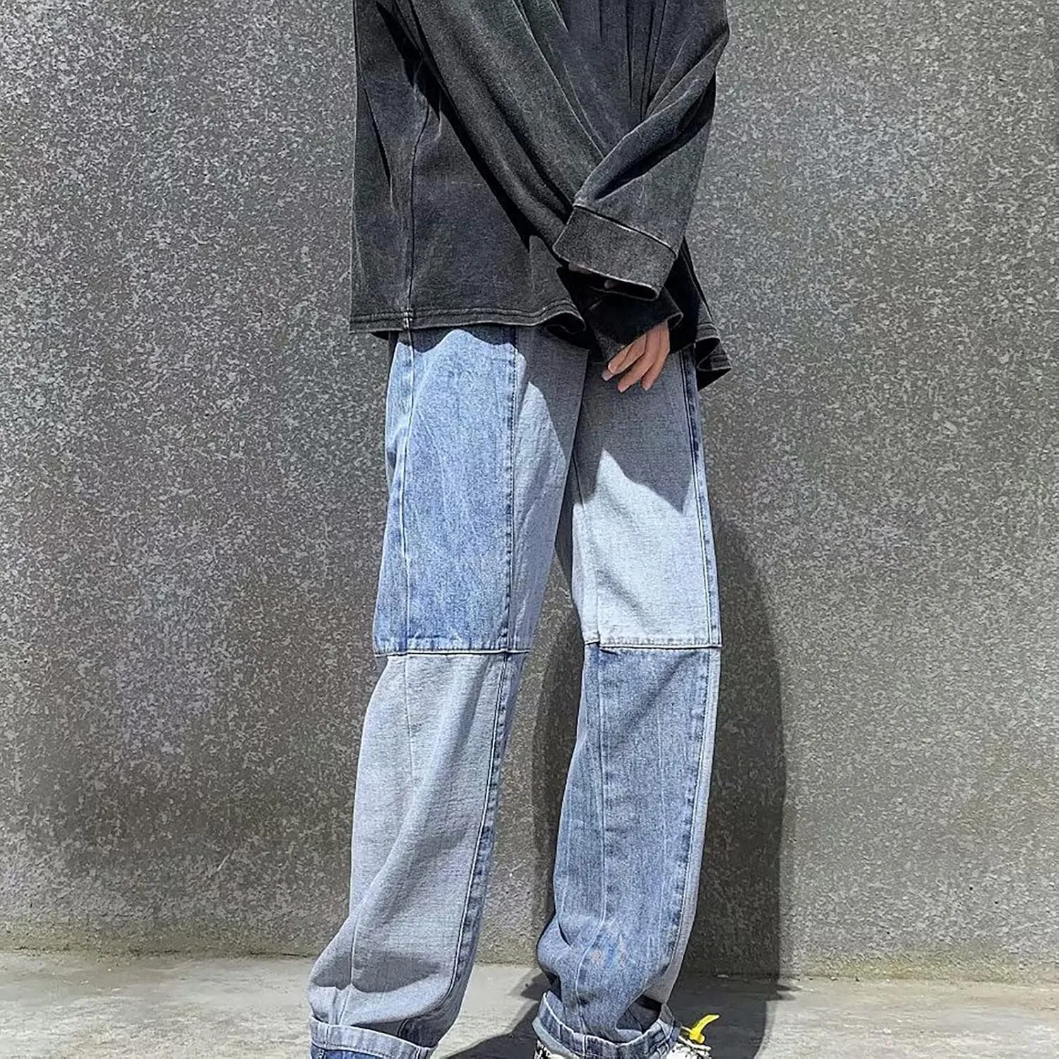MIDOO Jeans for Men Baggy Casual Patchwork Aesthetic Jeans Straight Leg Pants Lightweight Stretch Denim Pants Trousers