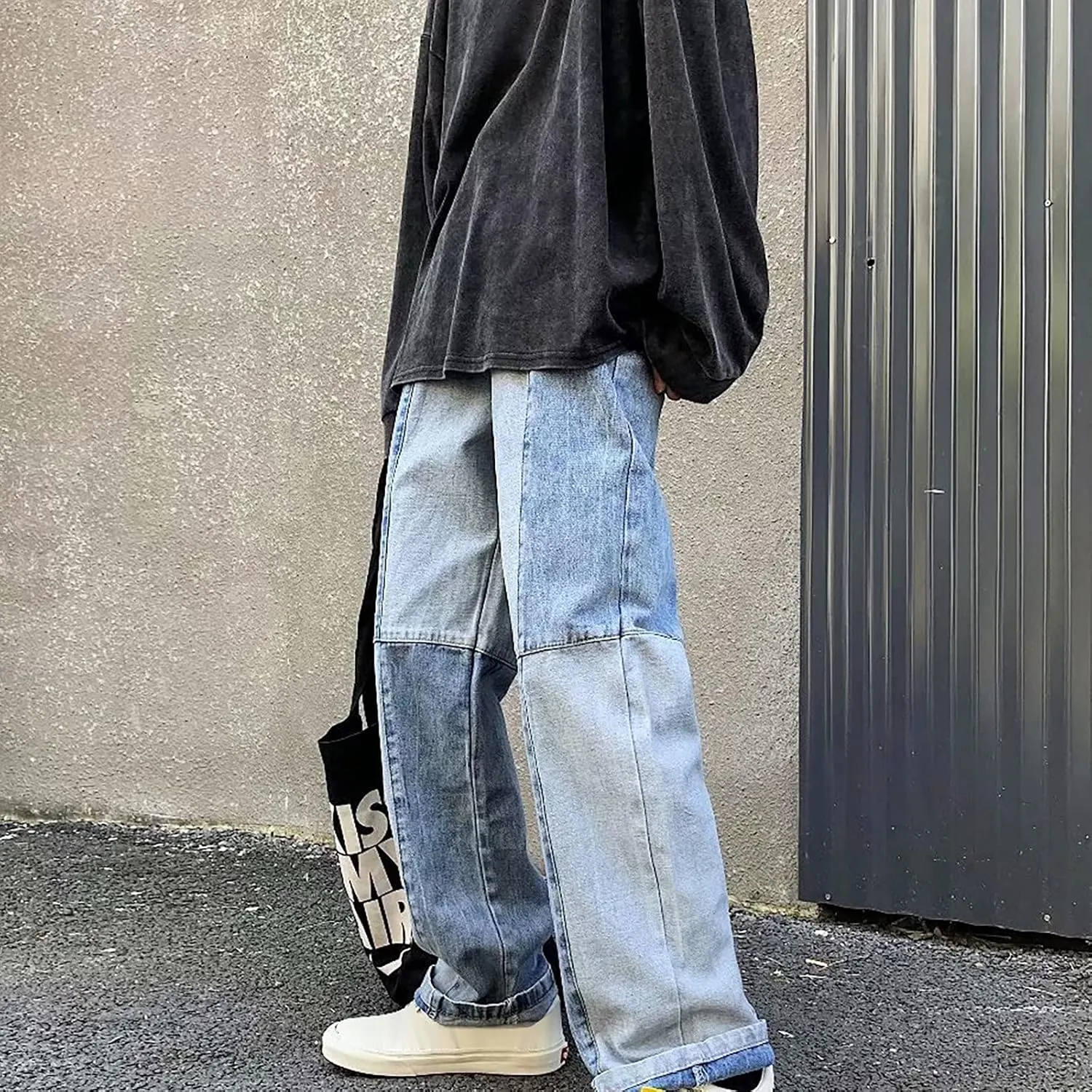 MIDOO Jeans for Men Baggy Casual Patchwork Aesthetic Jeans Straight Leg Pants Lightweight Stretch Denim Pants Trousers