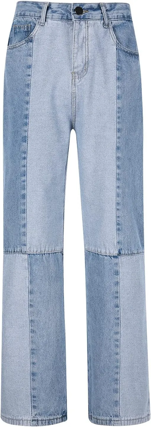 MIDOO Jeans for Men Baggy Casual Patchwork Aesthetic Jeans Straight Leg Pants Lightweight Stretch Denim Pants Trousers
