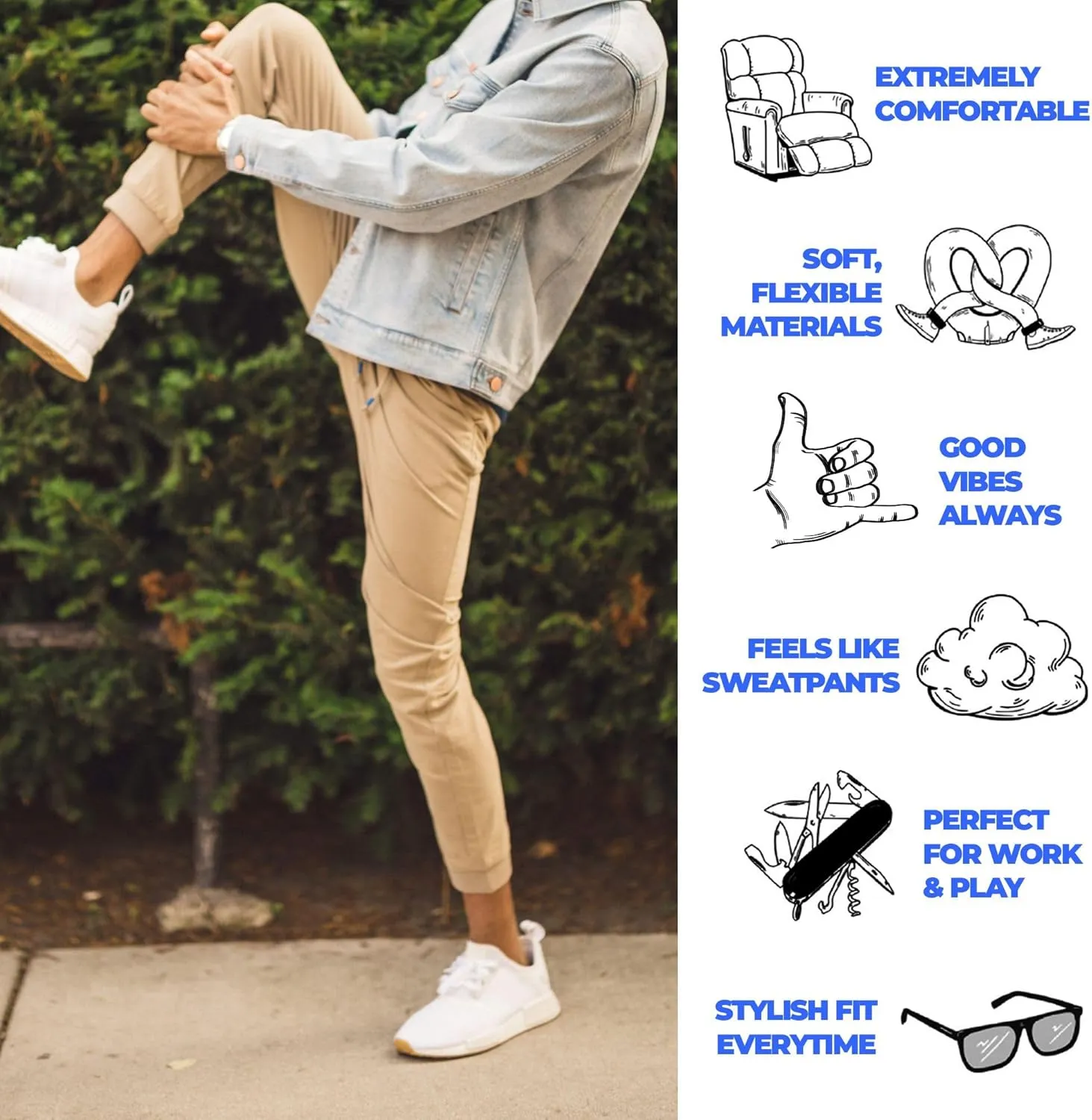 Mugsy Men’s Chino Joggers, Classic Fit, Stretch Khaki Joggers for Men, Comfortable, Flexible, True to Size