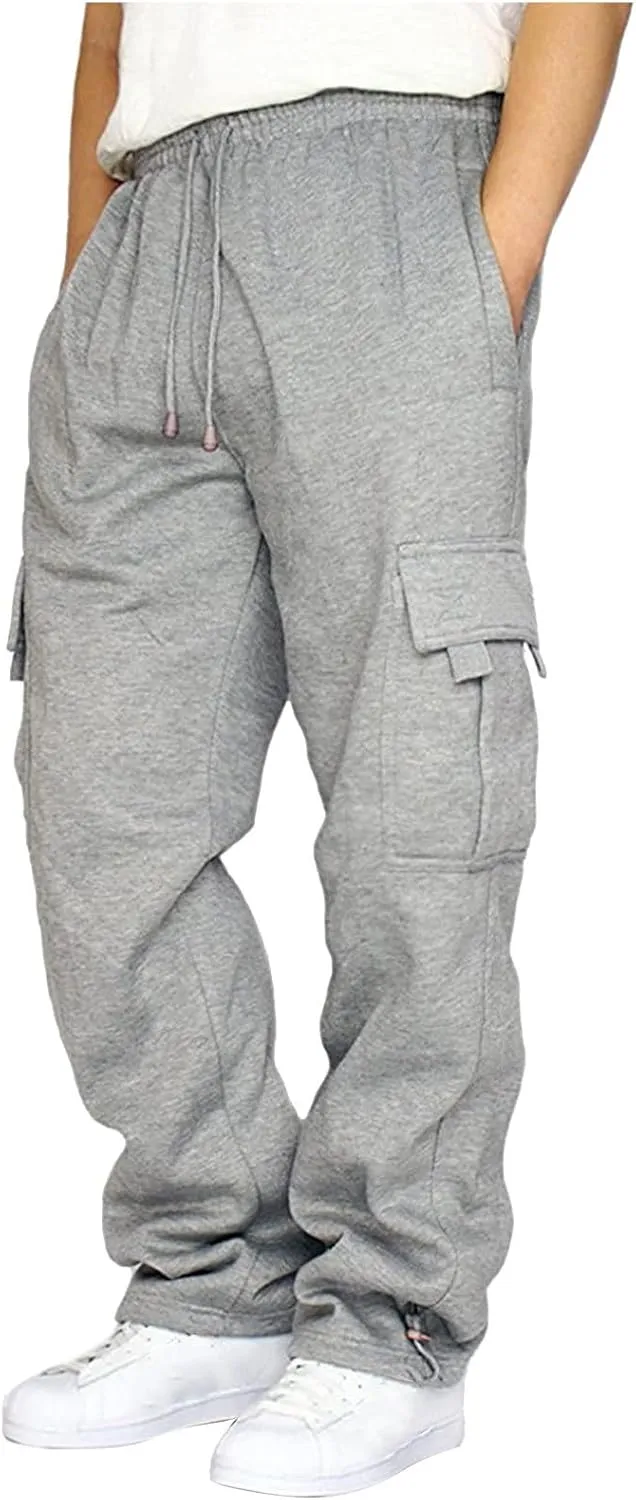 Multi-Pockets Drawstring Cargo Pant Men Solid Drawstring Vent Loose Straight Trousers Athletic Pant Plus Size M-5xl
