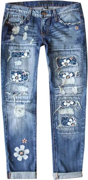 Muyise Boyfriend Jeans for Women Patchwork Distressed Casual Ripped Jeans Stretch Straight Leg Denim Trousers with Pockets