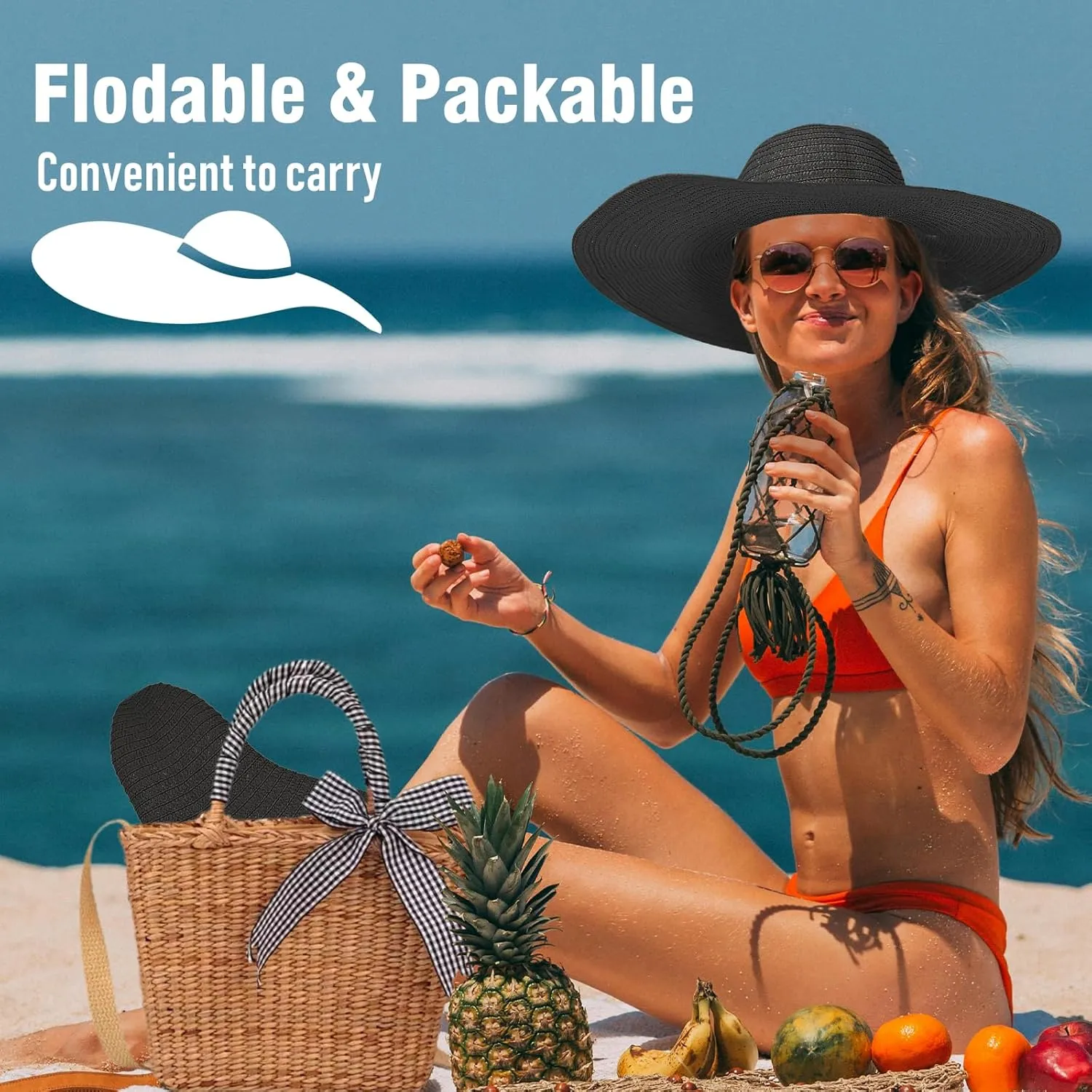 Oversized Sun Straw Hat for Women, UPF 50  Floppy Wide Brim Summer Hat, Foldable Roll Up Travel Hat Beach Hats for Women