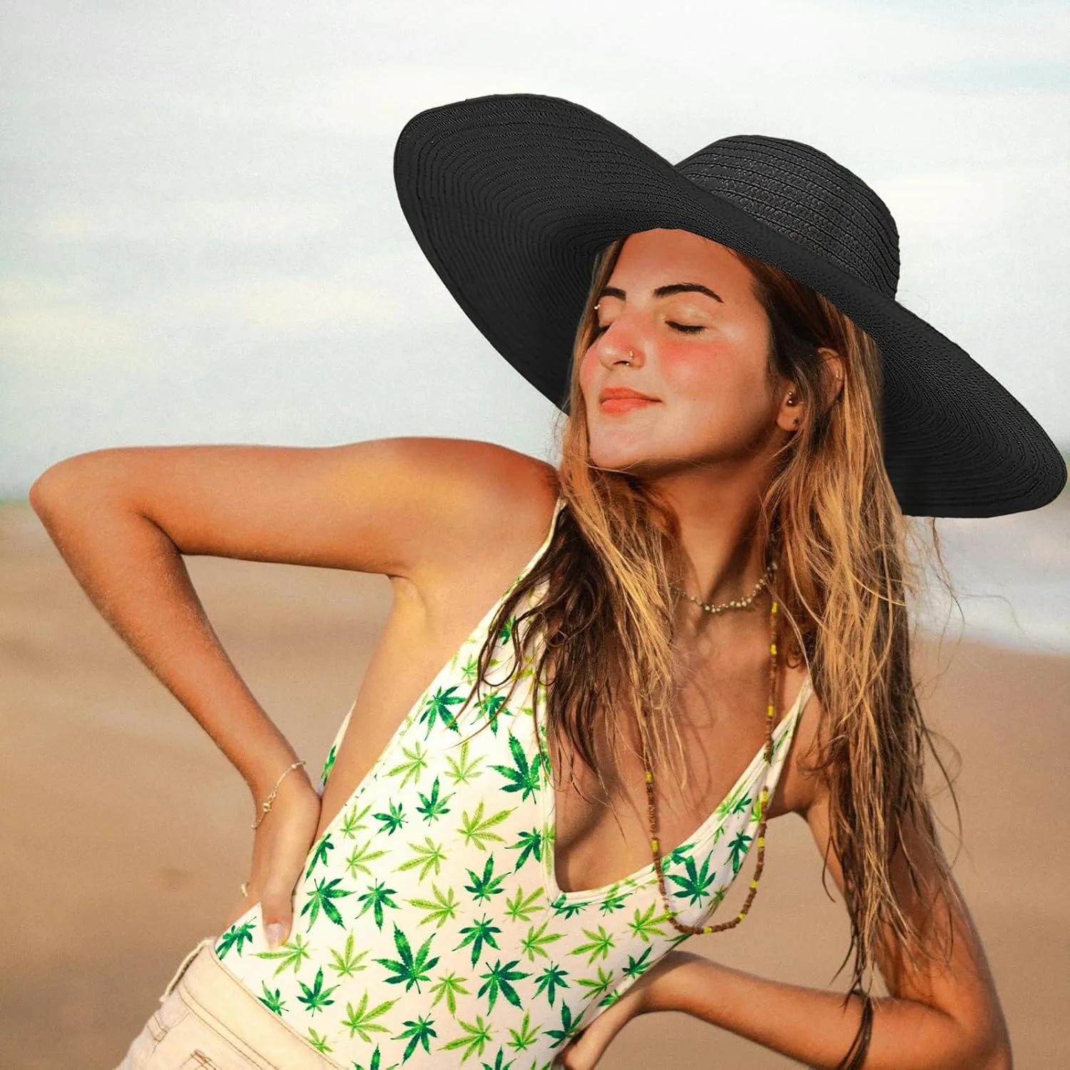 Oversized Sun Straw Hat for Women, UPF 50  Floppy Wide Brim Summer Hat, Foldable Roll Up Travel Hat Beach Hats for Women