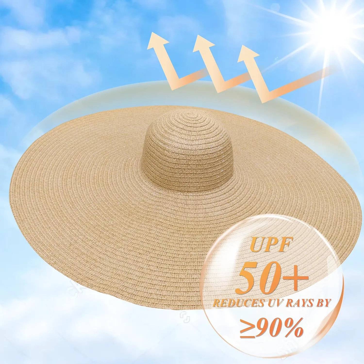 Oversized Sun Straw Hat for Women, UPF 50  Floppy Wide Brim Summer Hat, Foldable Roll Up Travel Hat Beach Hats for Women