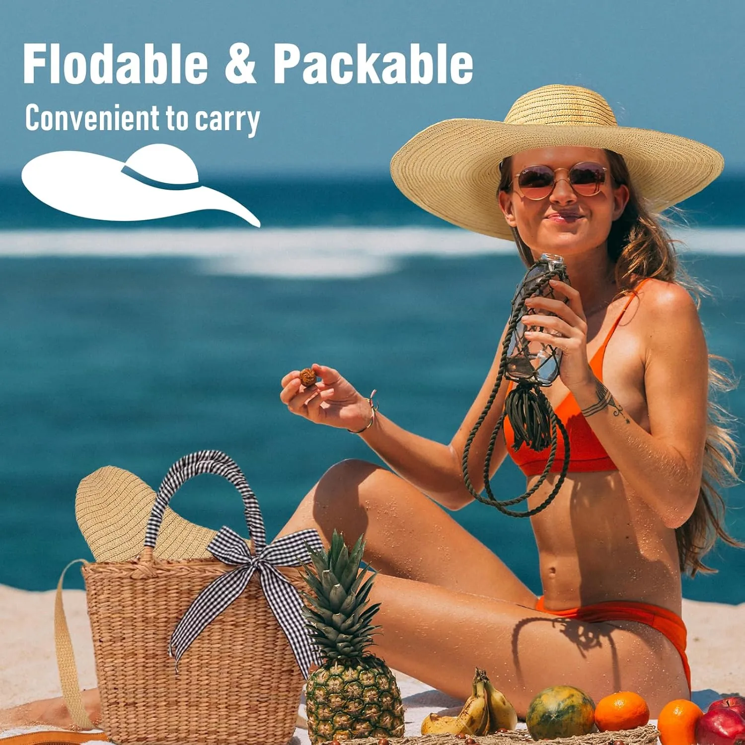Oversized Sun Straw Hat for Women, UPF 50  Floppy Wide Brim Summer Hat, Foldable Roll Up Travel Hat Beach Hats for Women