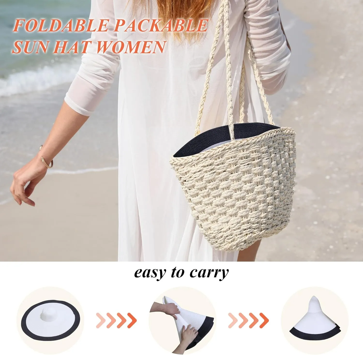 Oversized Sun Straw Hat for Women, UPF 50  Floppy Wide Brim Summer Hat, Foldable Roll Up Travel Hat Beach Hats for Women
