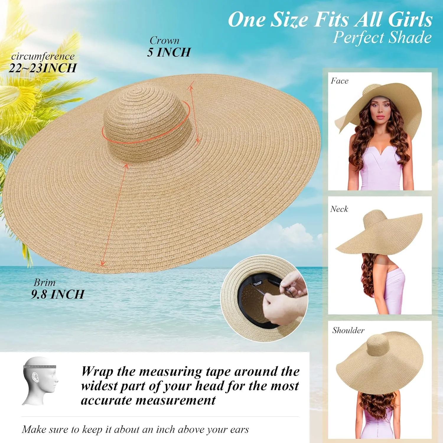 Oversized Sun Straw Hat for Women, UPF 50  Floppy Wide Brim Summer Hat, Foldable Roll Up Travel Hat Beach Hats for Women
